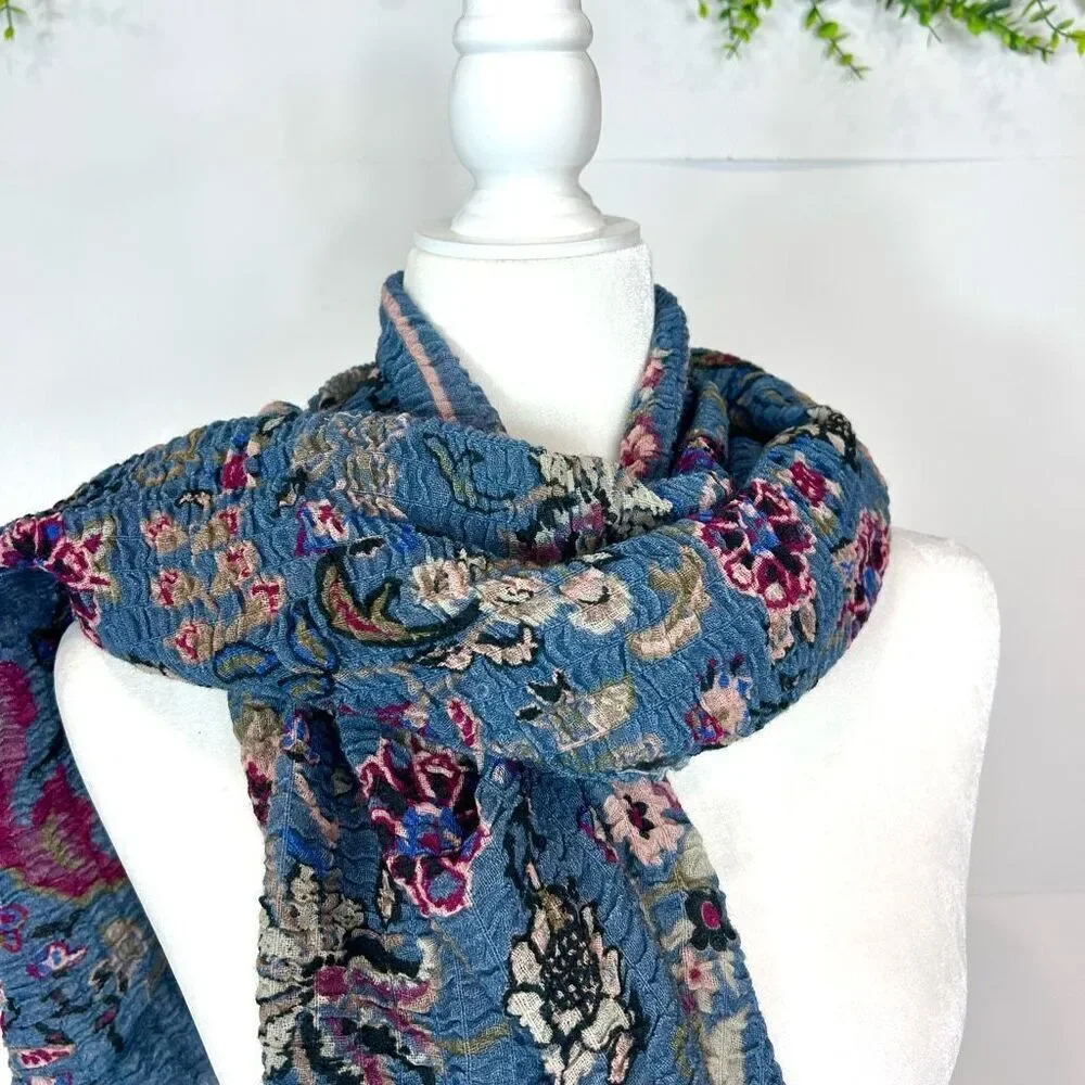 Wrap Scarf Womens One Size Blue Red Wool Blend Floral Print Crinkled Stretch